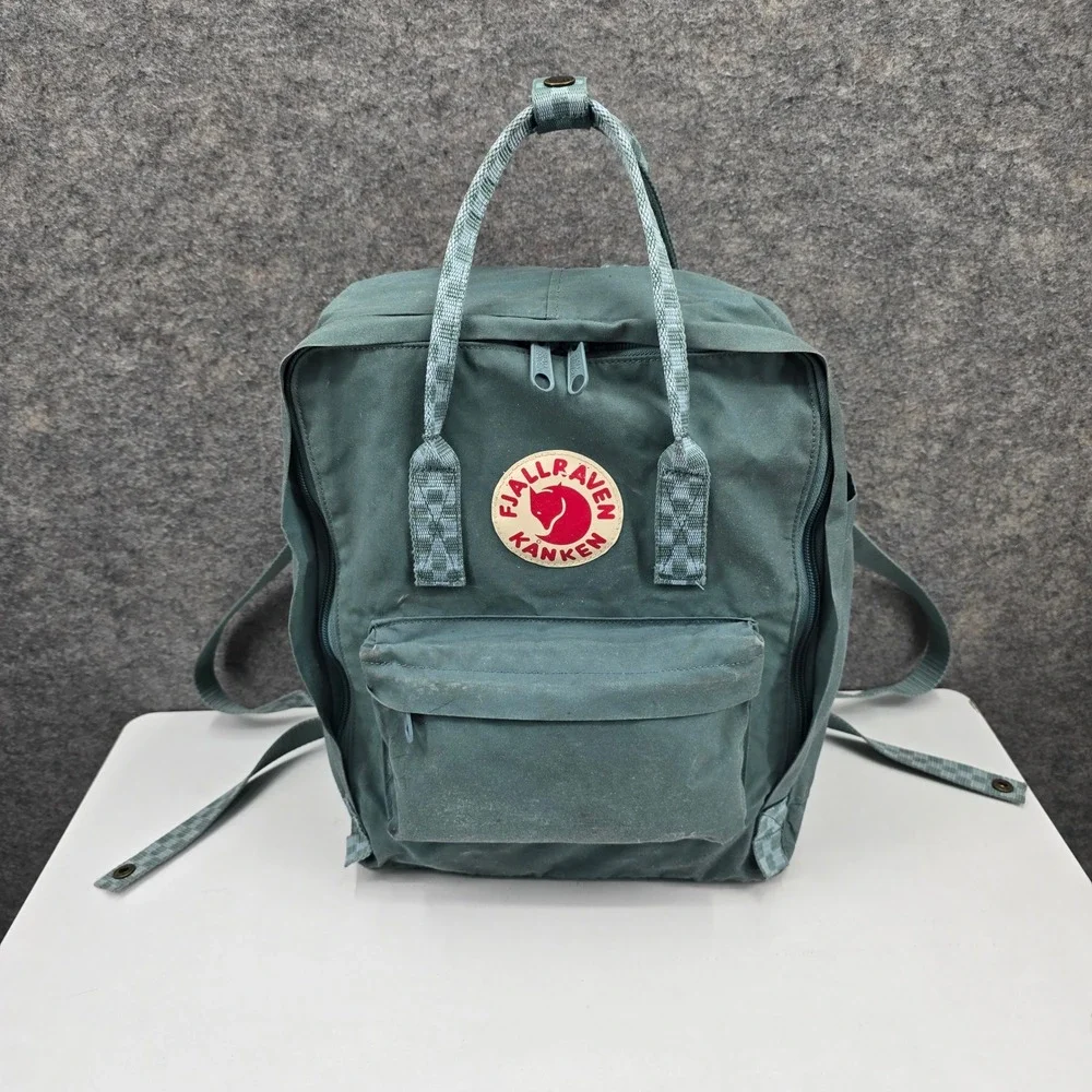 Fjallraven Kanken Backpack Green Checkered Straps Canvas School Travel Bag